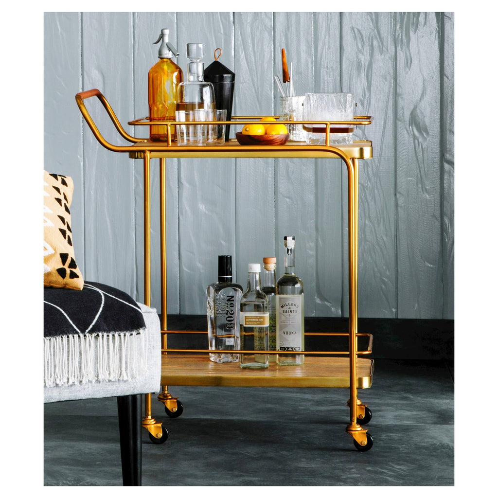 Gold Metal Wood Leather Bar Cart L21393