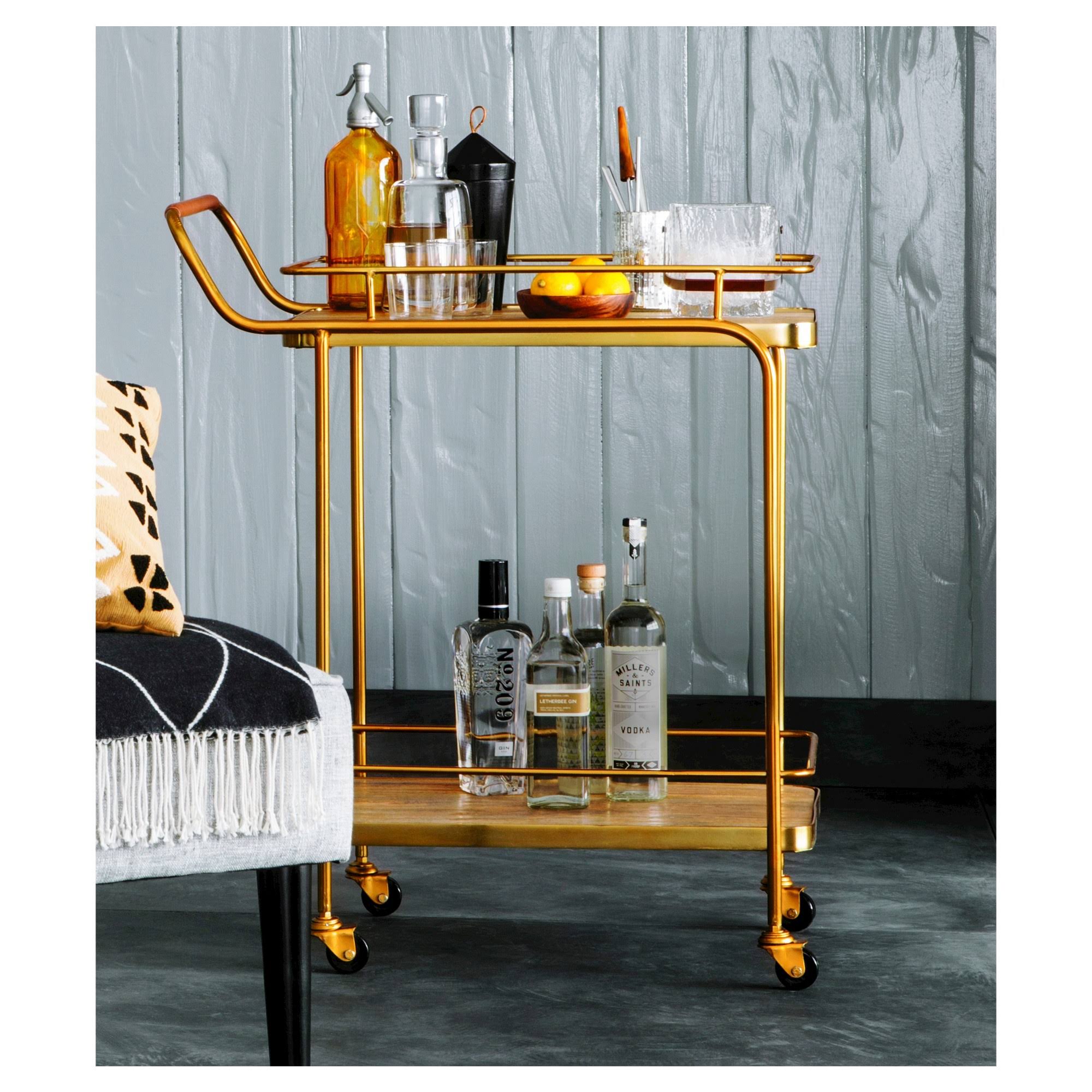 Gold Metal Wood Leather Bar Cart L21393