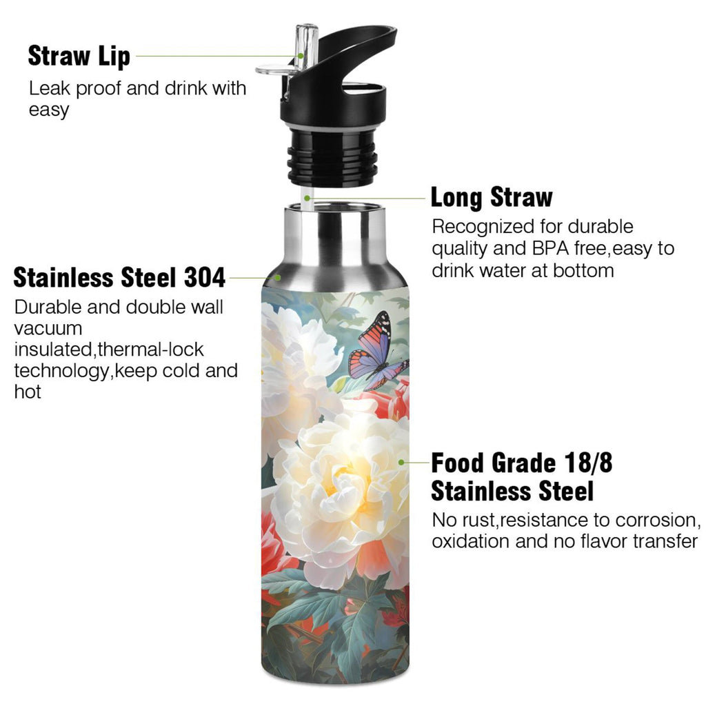 Stainless Steel Insulated Thermos Vacuum Flask Water Bottle with Straw Lid F619