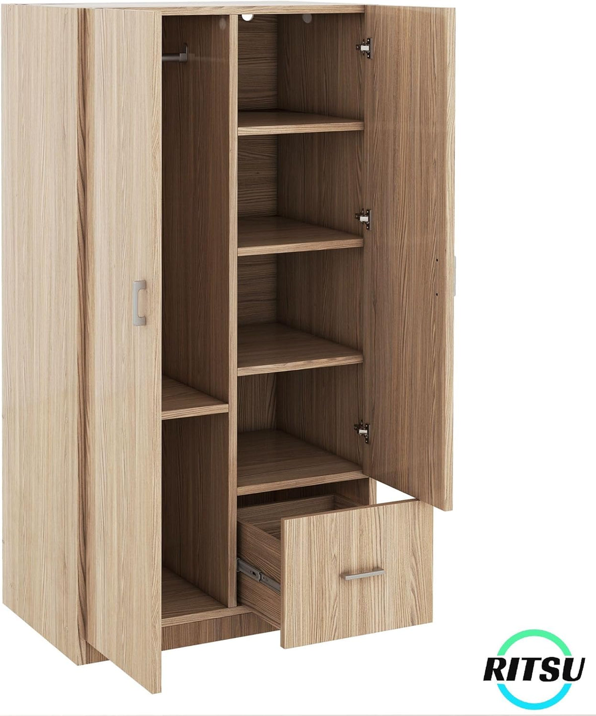 Natural Wooden Armoire Wardrobe with 2 Doors, 1 Drawer, 5 Open Shelves and Hanging Rod B339
