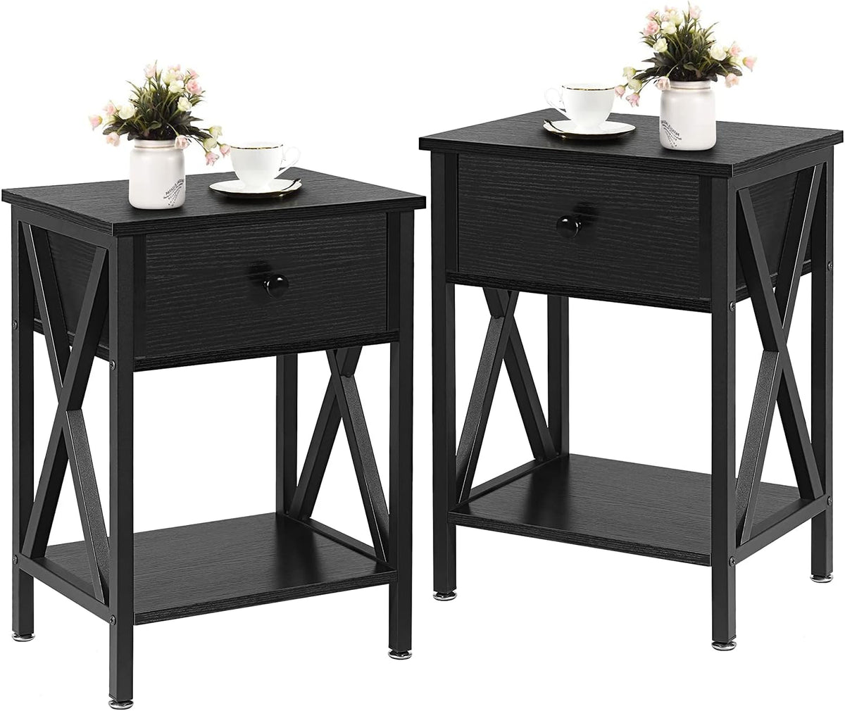 Antique Black Set of 2 End Side Table with Storage Cabinet N20975