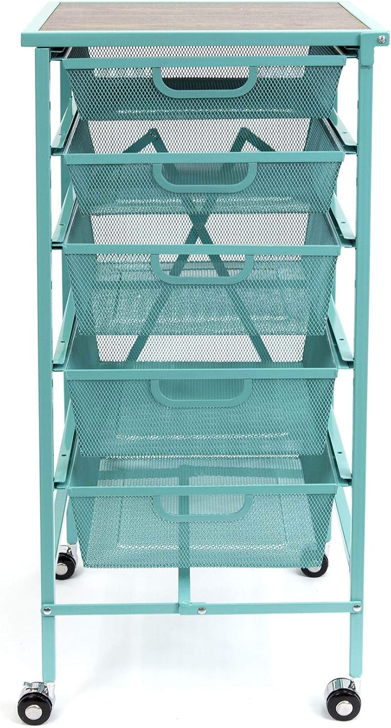 Turquoise Wheeled Folding Steel 5 Drawer Kitchen Cart Wood Top Y5684