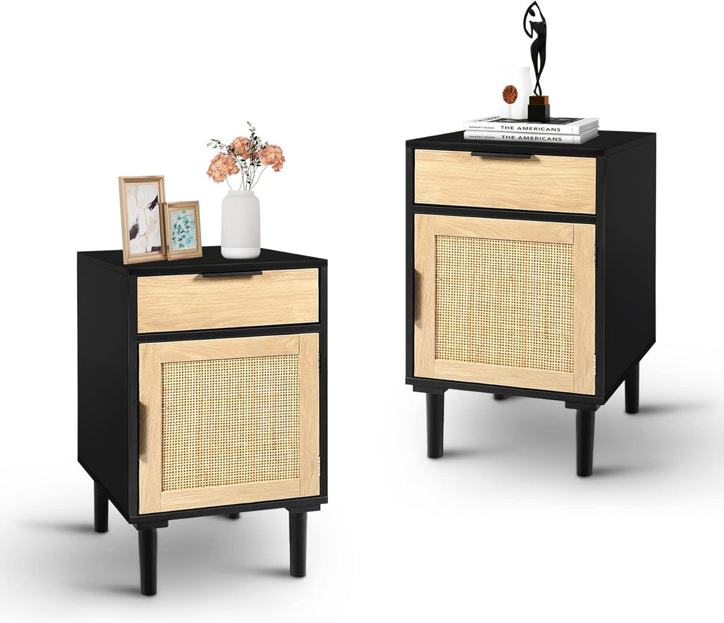 Black Rattan Nightstand Set of 2 with Drawer and Cabinet M866