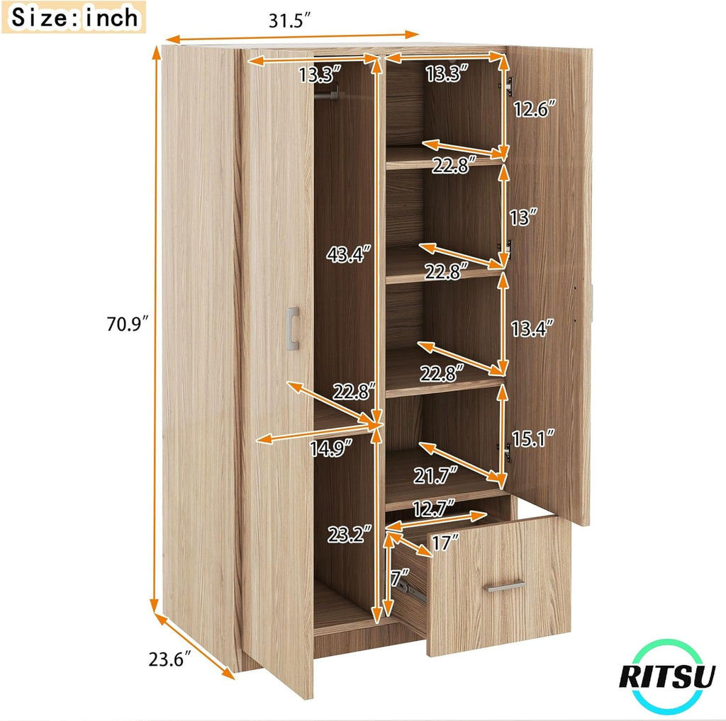 Natural Wooden Armoire Wardrobe with 2 Doors, 1 Drawer, 5 Open Shelves and Hanging Rod B339