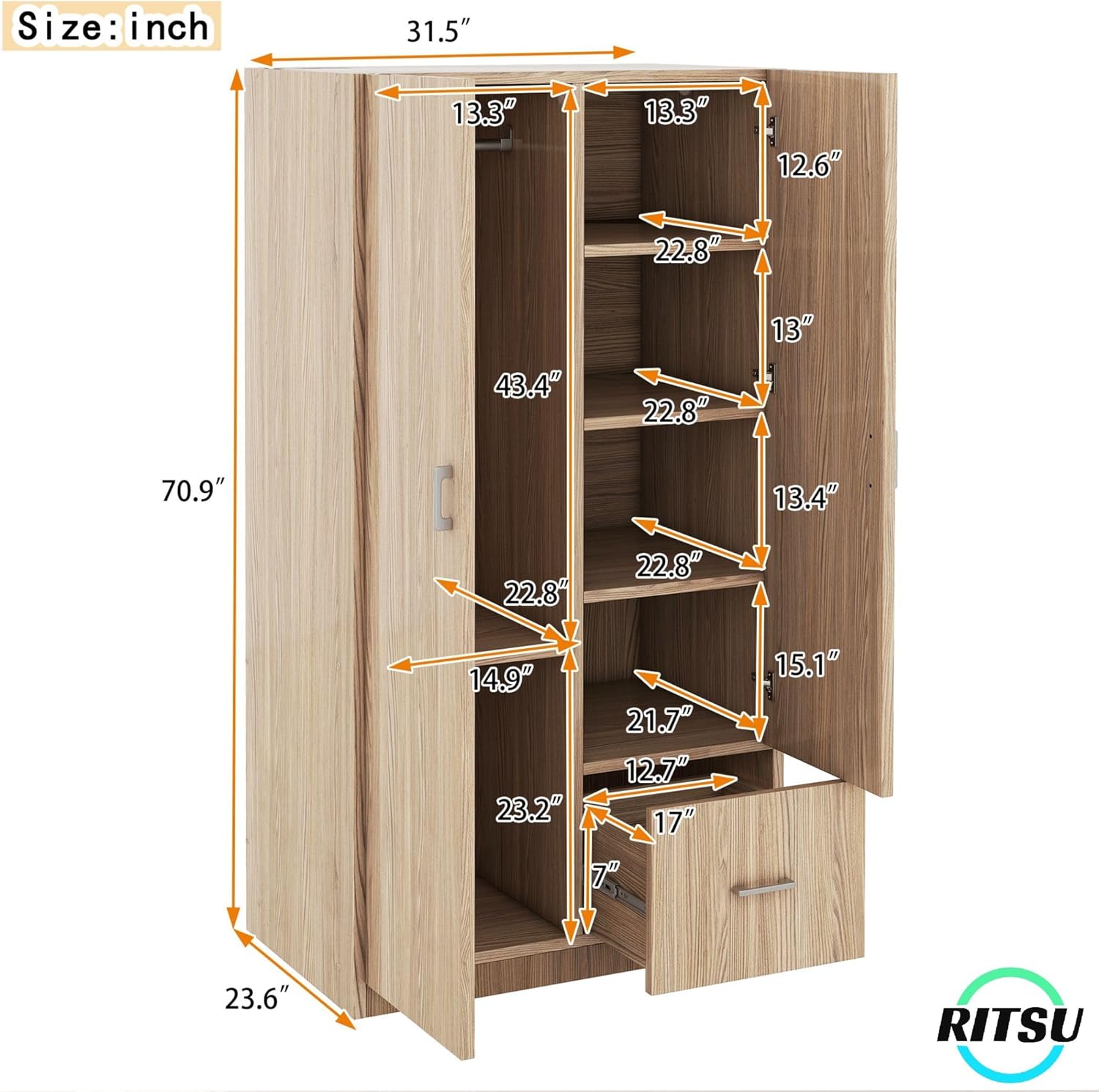 Natural Wooden Armoire Wardrobe with 2 Doors, 1 Drawer, 5 Open Shelves and Hanging Rod B339