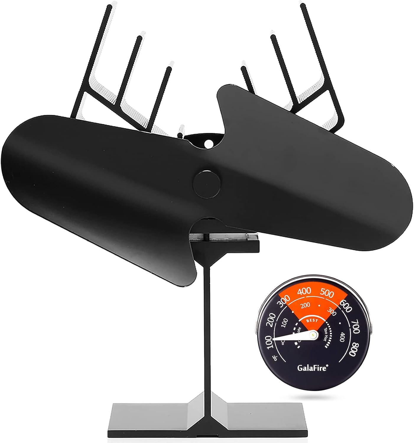 Black Pack of 2 Heat Powered Wood Stove Fan with Magnetic Thermometer L11229