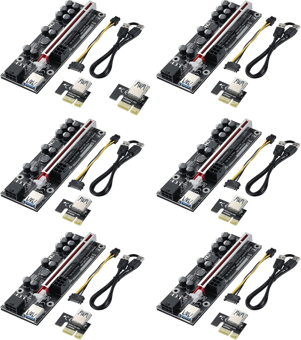 Black PCI-E 1X to 16X Riser Card with 24in USB 3.0 Extension Cable & 6PIN SATA Power Cable (6 Pieces) P585