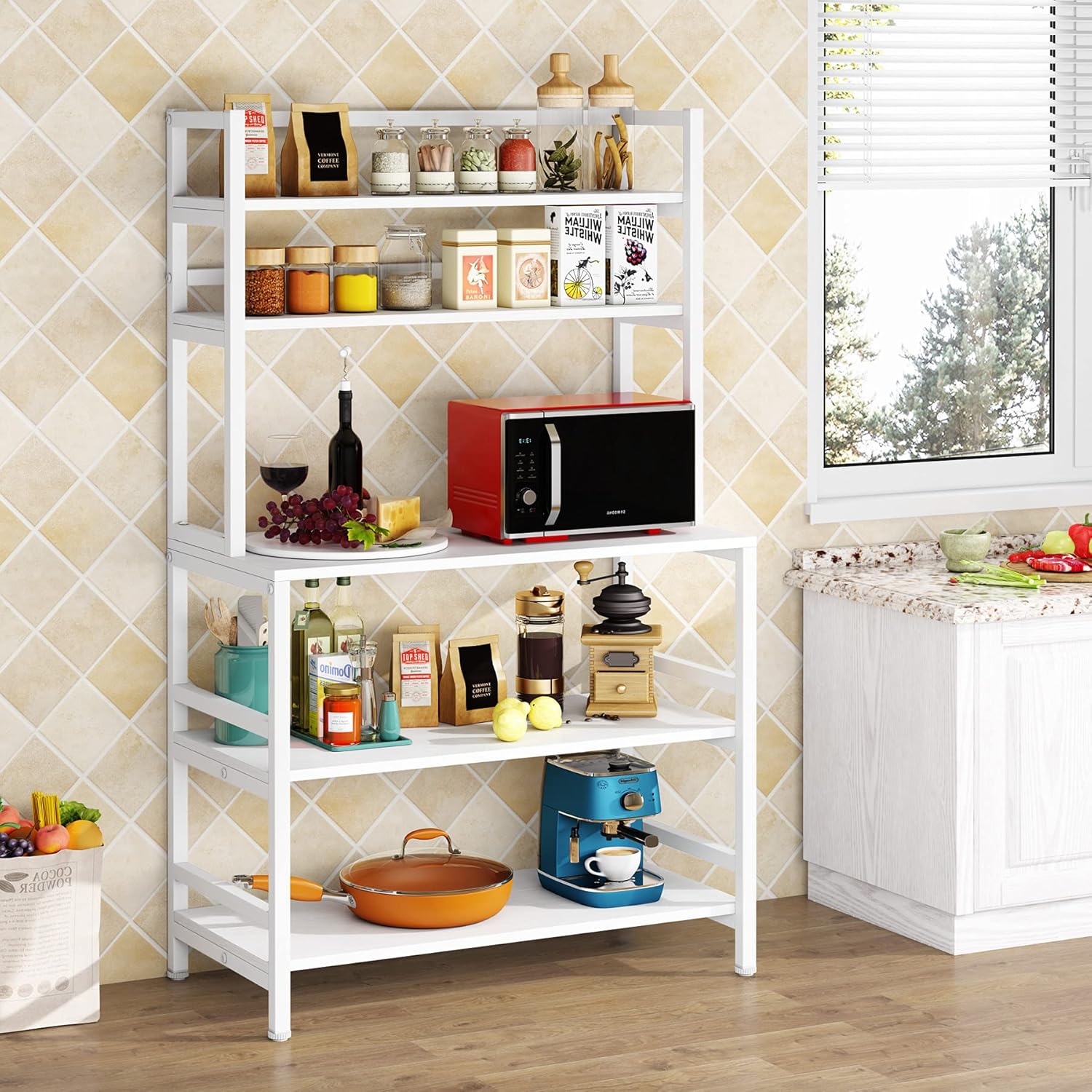 Rustic Brown 5-Tier Kitchen Bakers Rack with Storage and Hutch F6616