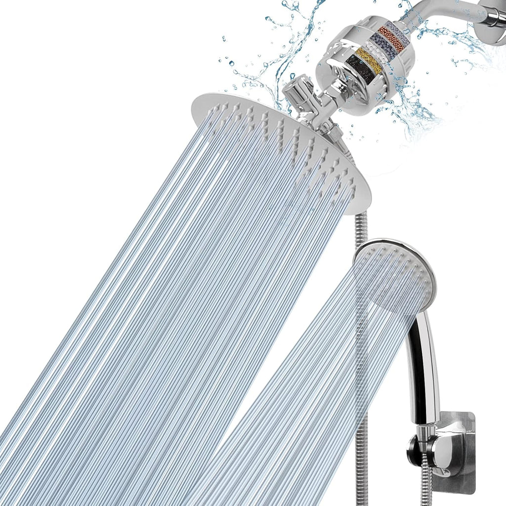 Matte Black 8″ Round Rain Shower Head and 5 Settings Handheld Shower Filter Combo with Self-adhesive Holder, 1.5M Hose, 1 Replaceable Filter Cartridge, Pack of 2 O448558