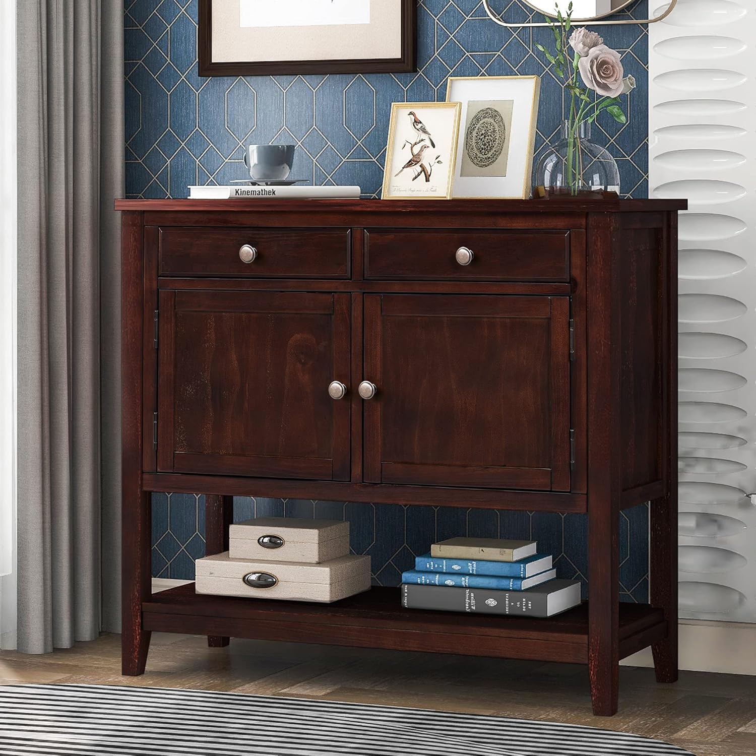 Black Solid Wood Console Table with 2 Drawers E4155