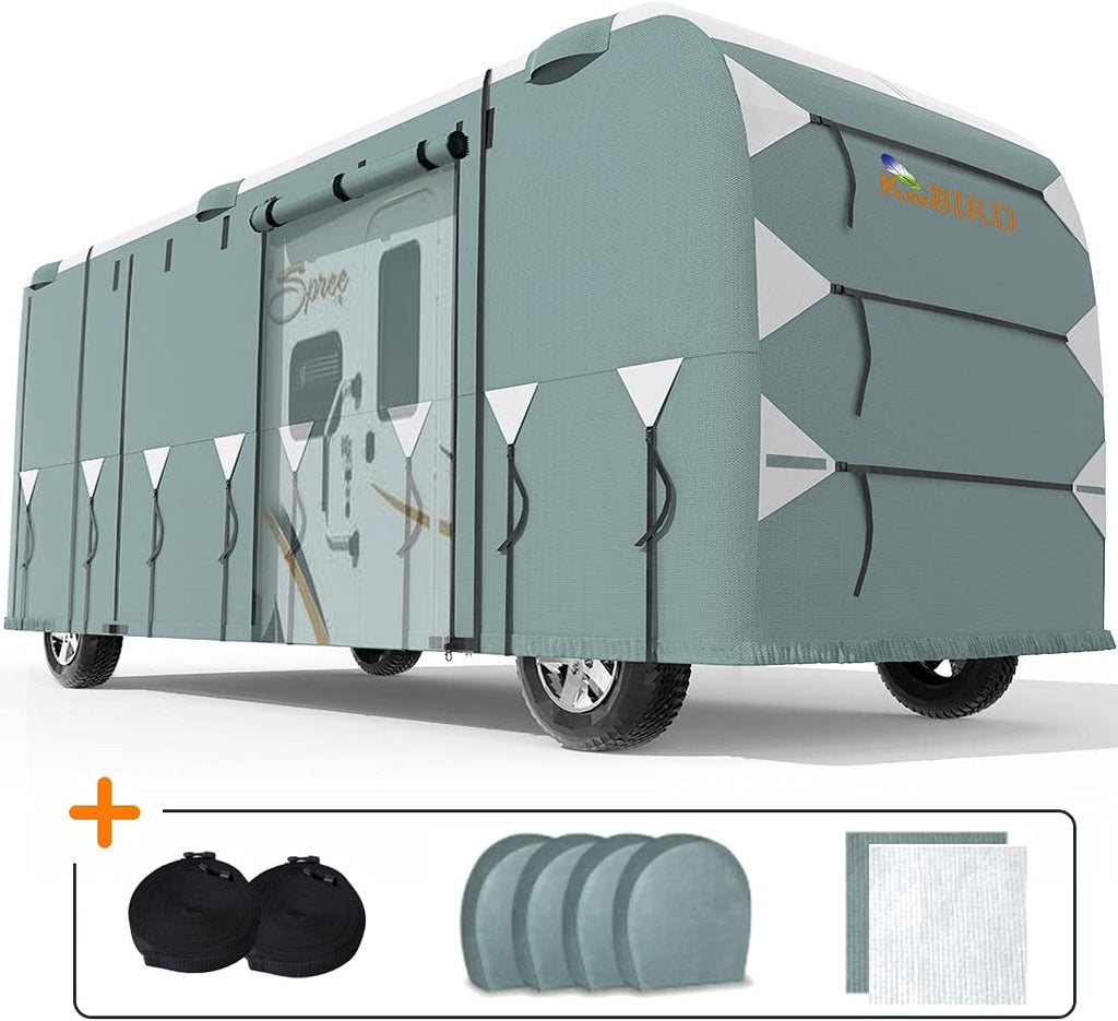 RV Cover, Extra-Thick 5 Layers Anti-UV Top Panel, Fits 40'-43' Motorhome, Water-Proof, with 2Pcs Extra Straps & 4 Tire Covers F827