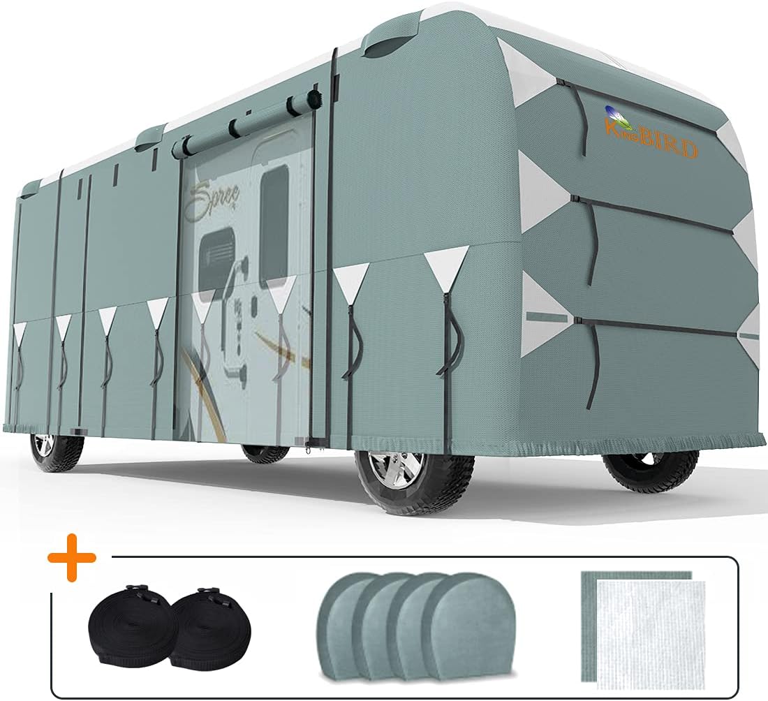 RV Cover, Extra-Thick 5 Layers Anti-UV Top Panel, Fits 40'-43' Motorhome, Water-Proof, with 2Pcs Extra Straps & 4 Tire Covers F827