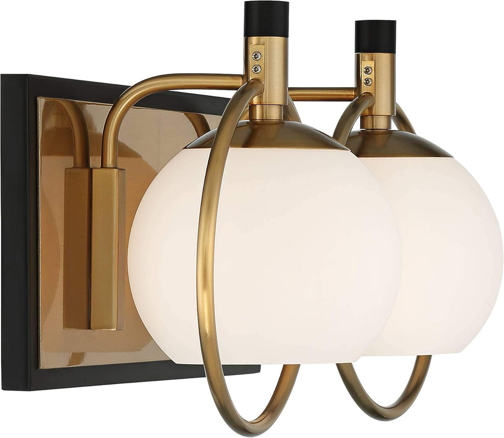 Modern Art Deco 2-Light Wall Light Sconce Warm Brass Black Hardwired Milky White Globe Glass L946