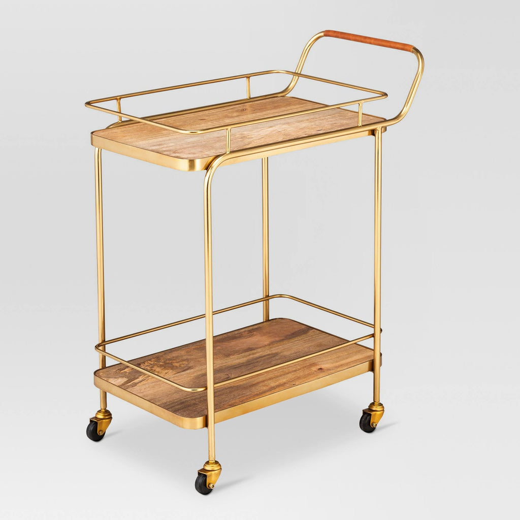 Gold Metal Wood Leather Bar Cart L21393