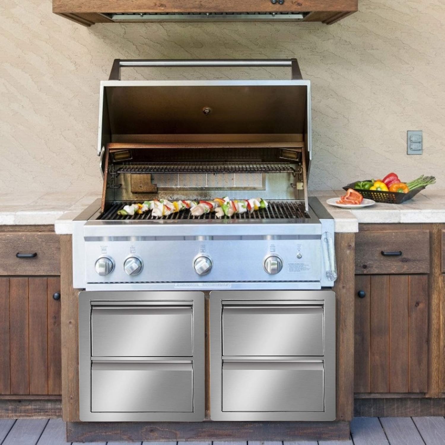 Stainless Steel Double Access BBQ Drawers Box Frame Style Flush Mount Outdoor Kitchen Storage Double Drawers P943906