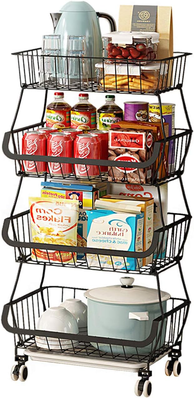 Black Iron Wire Stackable 5-Tier Kitchen Storage Baskets with Wheels and Feet Y803004