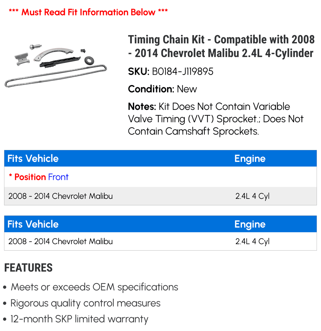 Timing Chain Kit for 2008-2014 Chevy Malibu 2.4L 4-Cylinder M894118