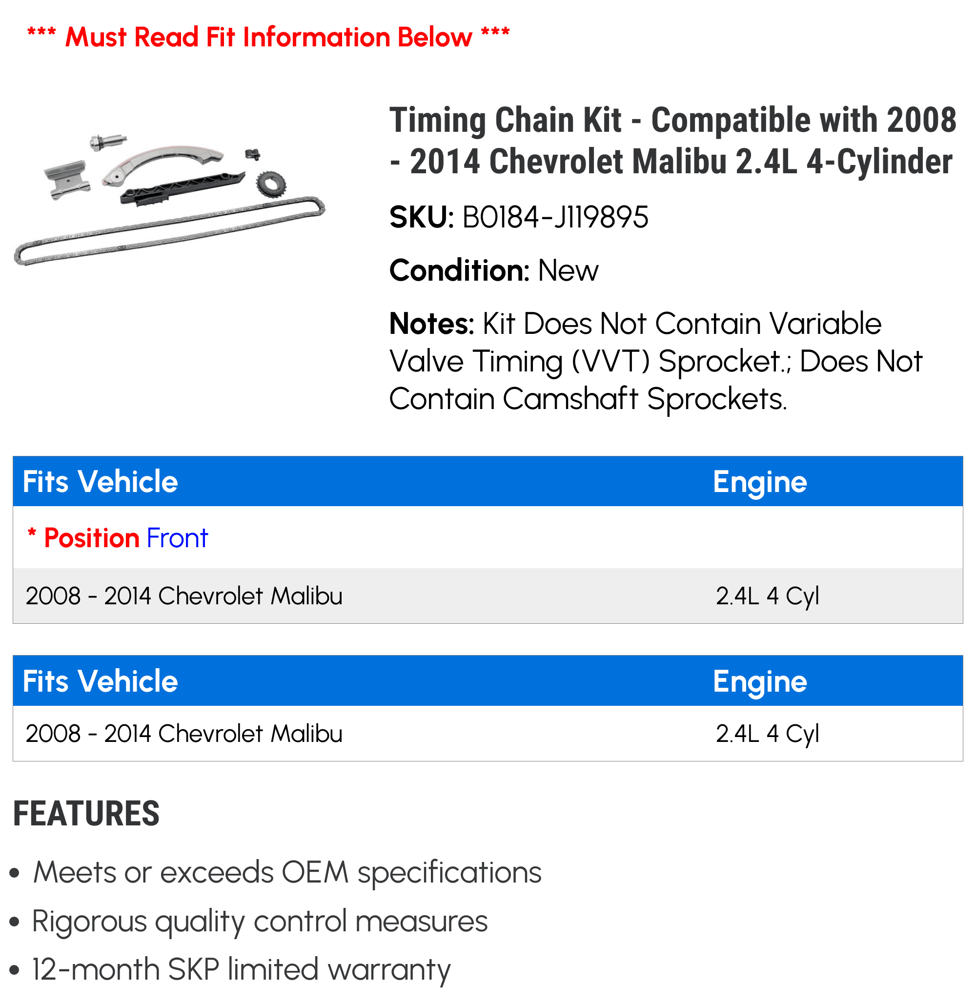 Timing Chain Kit for 2008-2014 Chevy Malibu 2.4L 4-Cylinder M894118