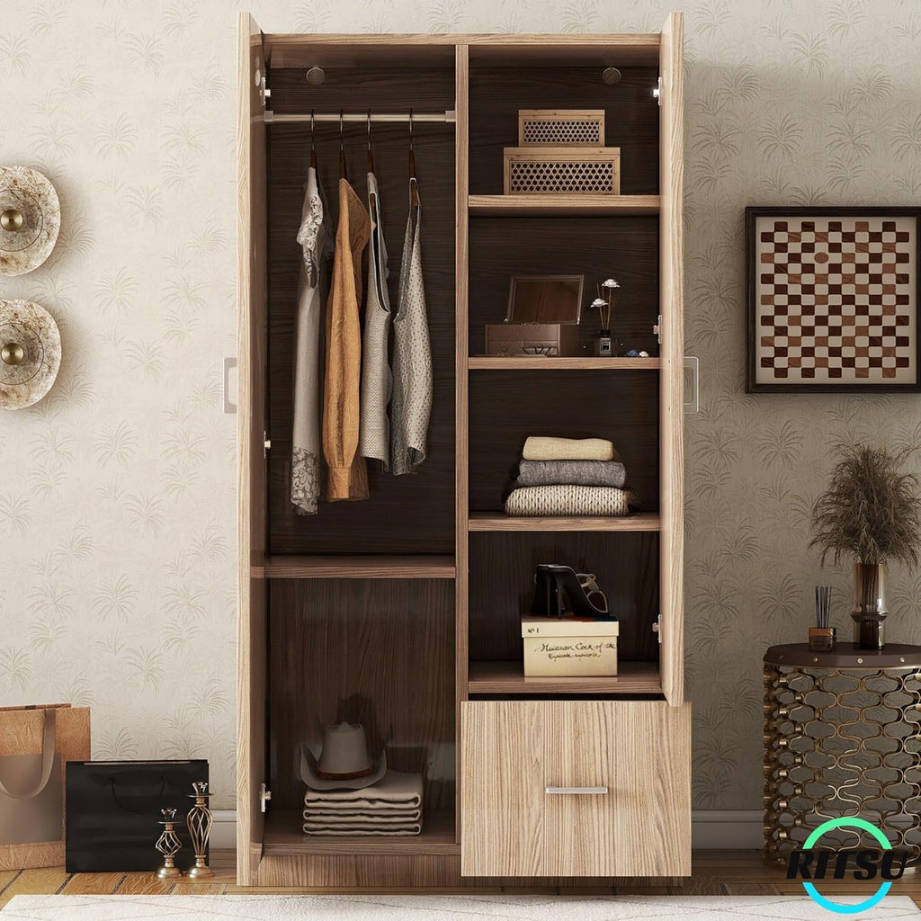 Natural Wooden Armoire Wardrobe with 2 Doors, 1 Drawer, 5 Open Shelves and Hanging Rod B339
