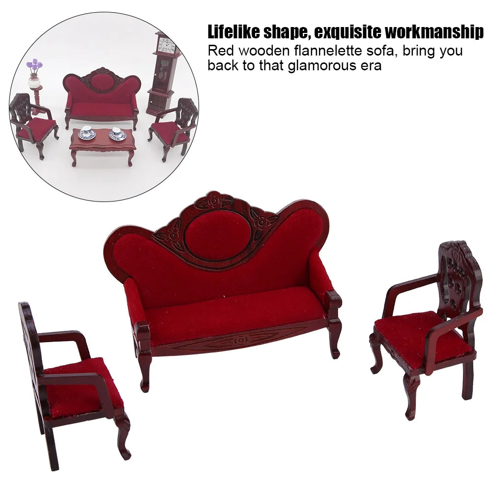 Red Wooden Dollhouse Sofa Chair Set W99184