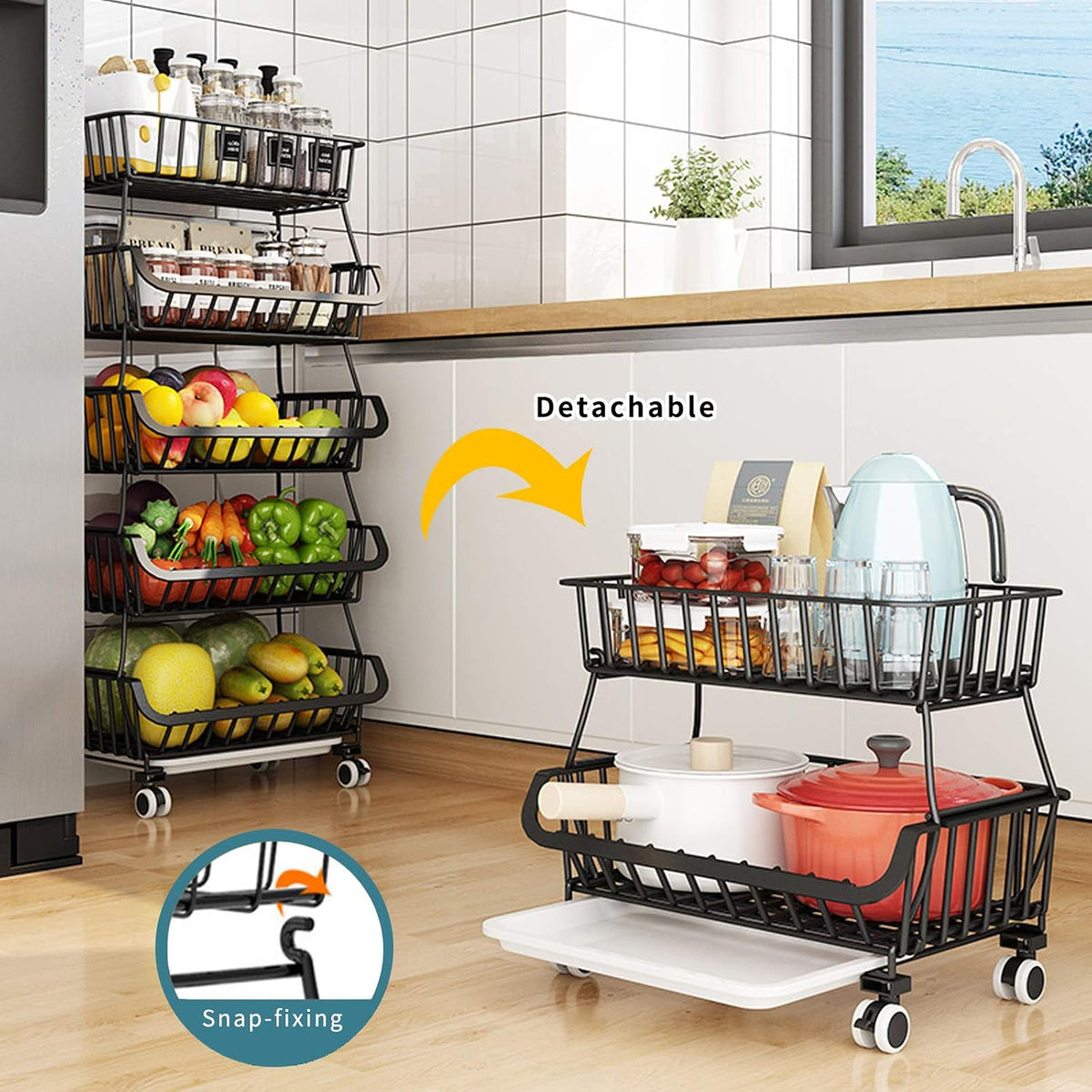 Black Iron Wire Stackable 5-Tier Kitchen Storage Baskets with Wheels and Feet Y803004