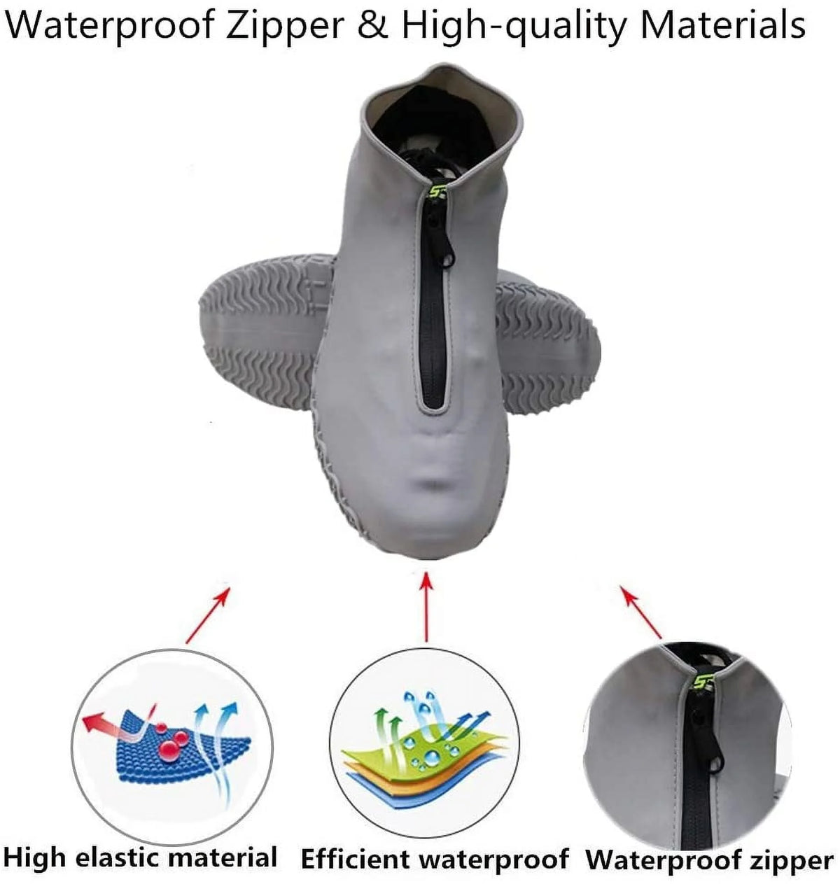 Gray Waterproof Reusable Rain Shoe Covers with Zipper M814