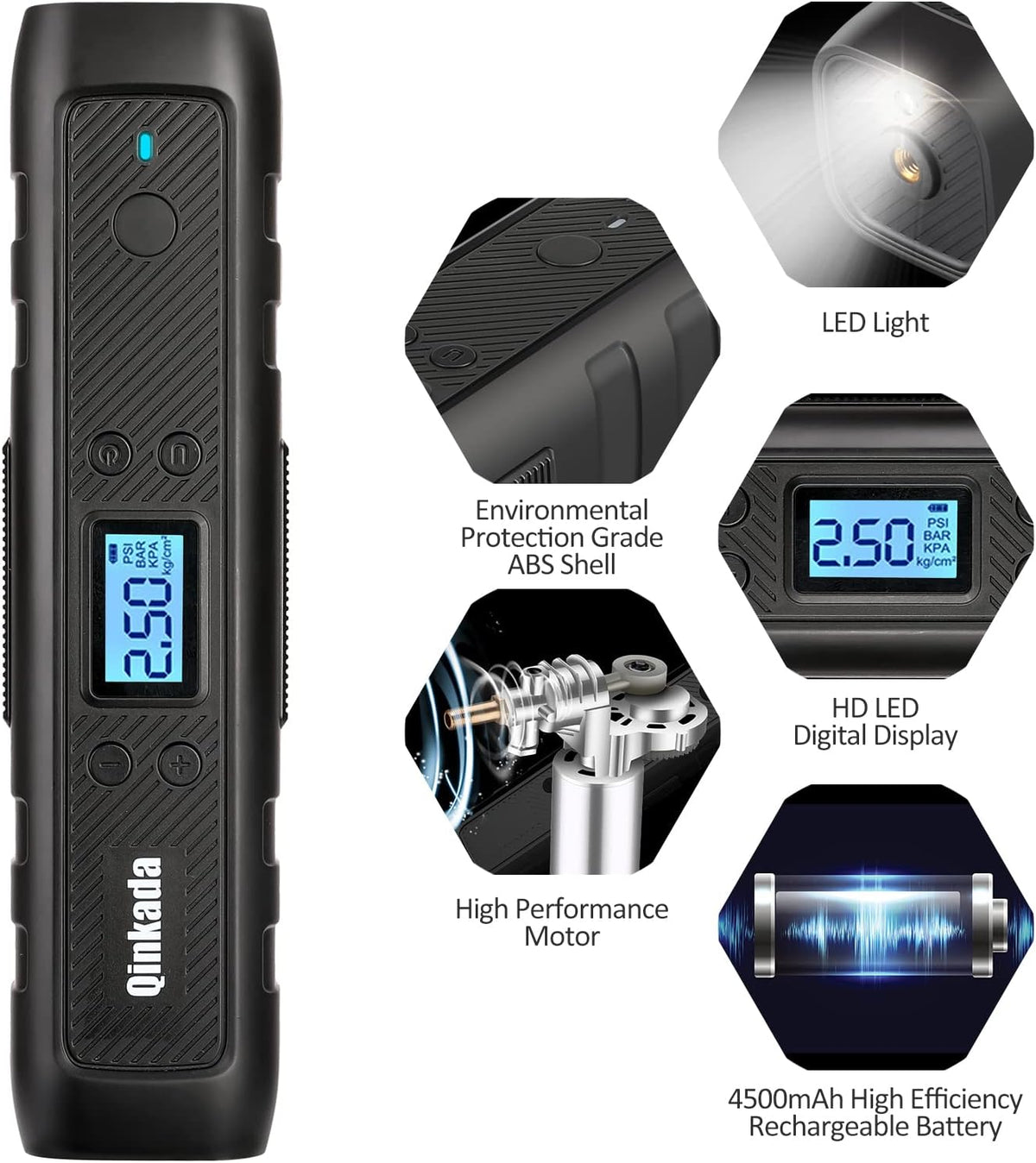 Portable Tire Inflator Air Compressor Pump 4500mAh Rechargeable Li-ion Battery with LED Light M94969