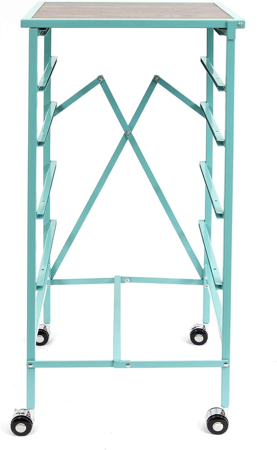 Turquoise Wheeled Folding Steel 5 Drawer Kitchen Cart Wood Top Y5684