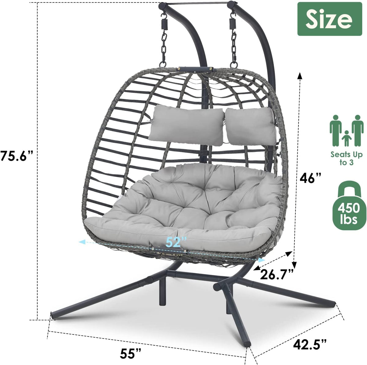 Light Grey 2 Person Hanging Wicker Egg Chair with Stand K72402