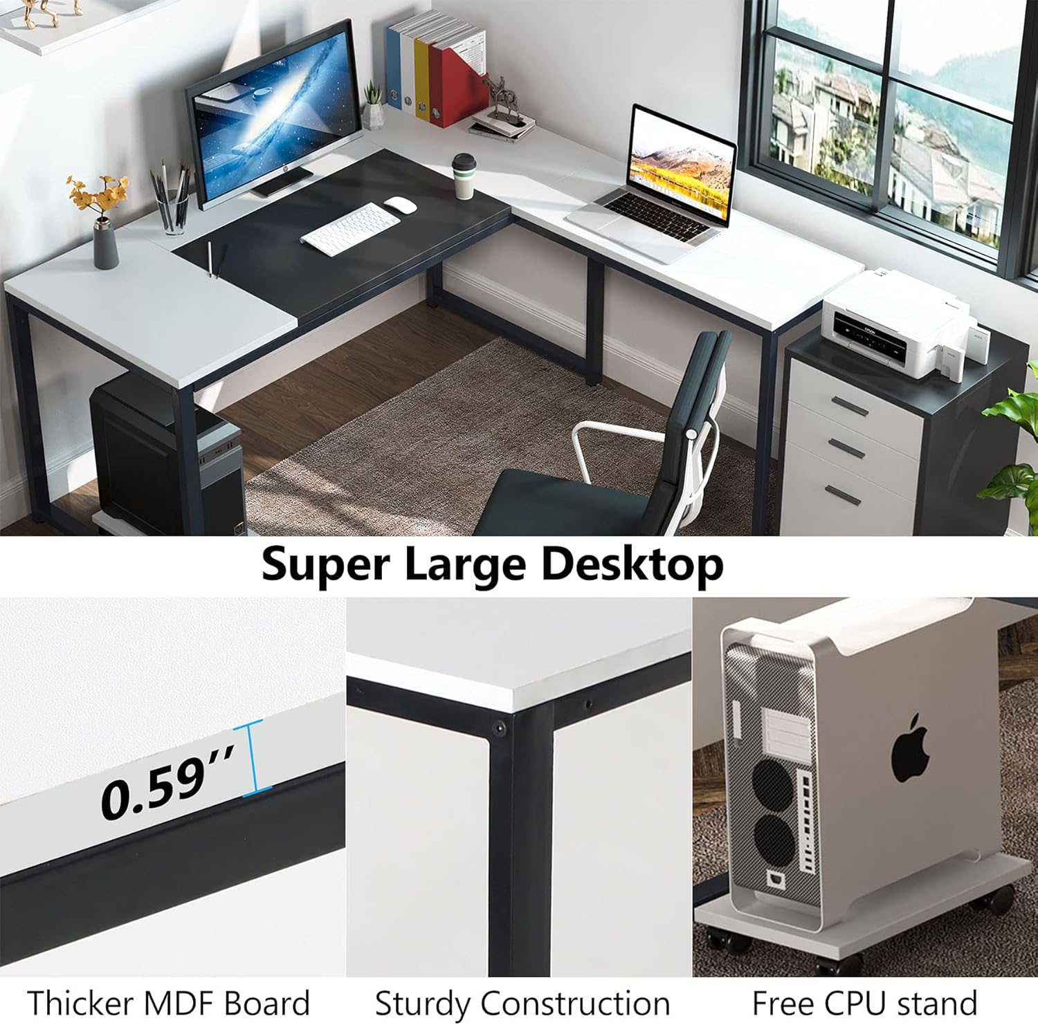 L-Shaped Computer Desk with File Cabinet, 3 Drawer Mobile Filing Cabinet W335