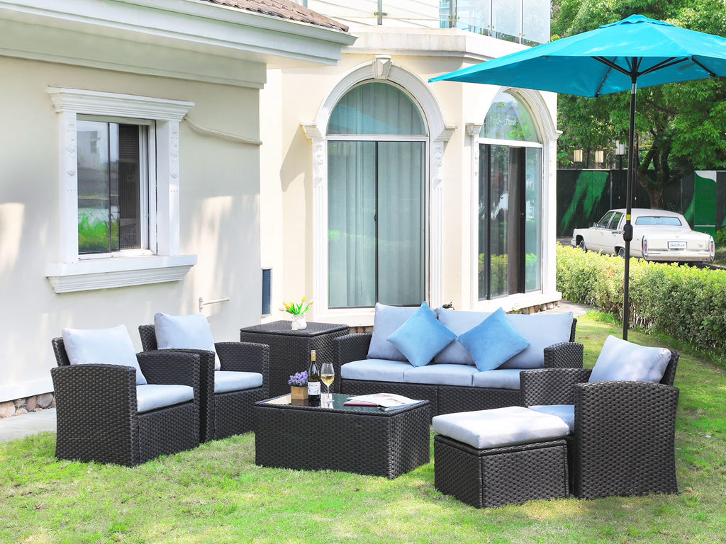 Grey 9 Pcs Outdoor Patio Furniture Set Wicker Sectional Sofa with Storage Box, Coffee Table, Ottoman H58335