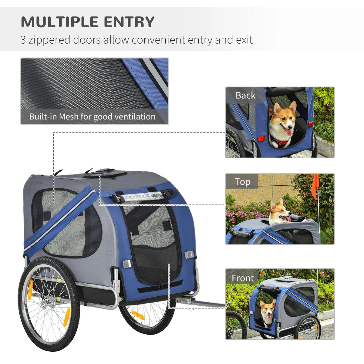 Bike Trailer & Wagon Jogger for Dogs and Pets with 3 Entrances Large Wheels & Mesh Screen O793096