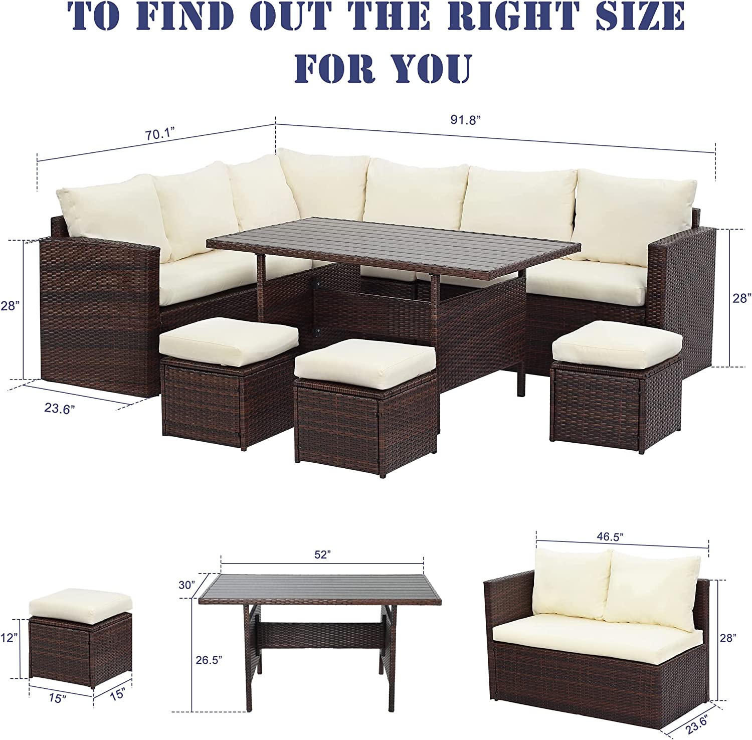 Ivory 7 Piece Outdoor Wicker Dining Sectional Sofa with Ottoman J9621