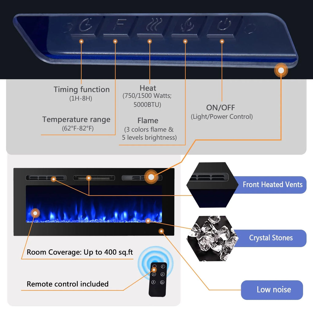 36" Electric Fireplace Insert Stove Heater with Remote Control E38205