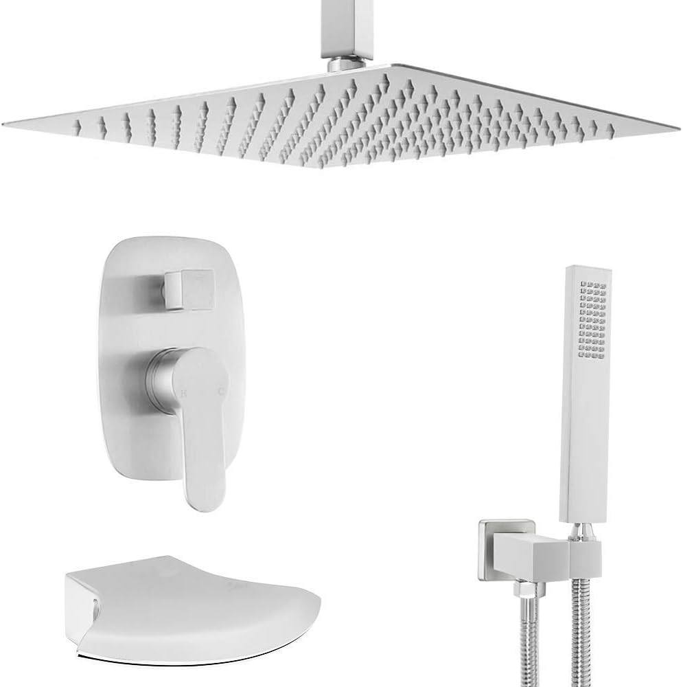 Brushed Nickel Waterfall Tub Spout Set With 12 Inch Rainfall Shower Head U37305