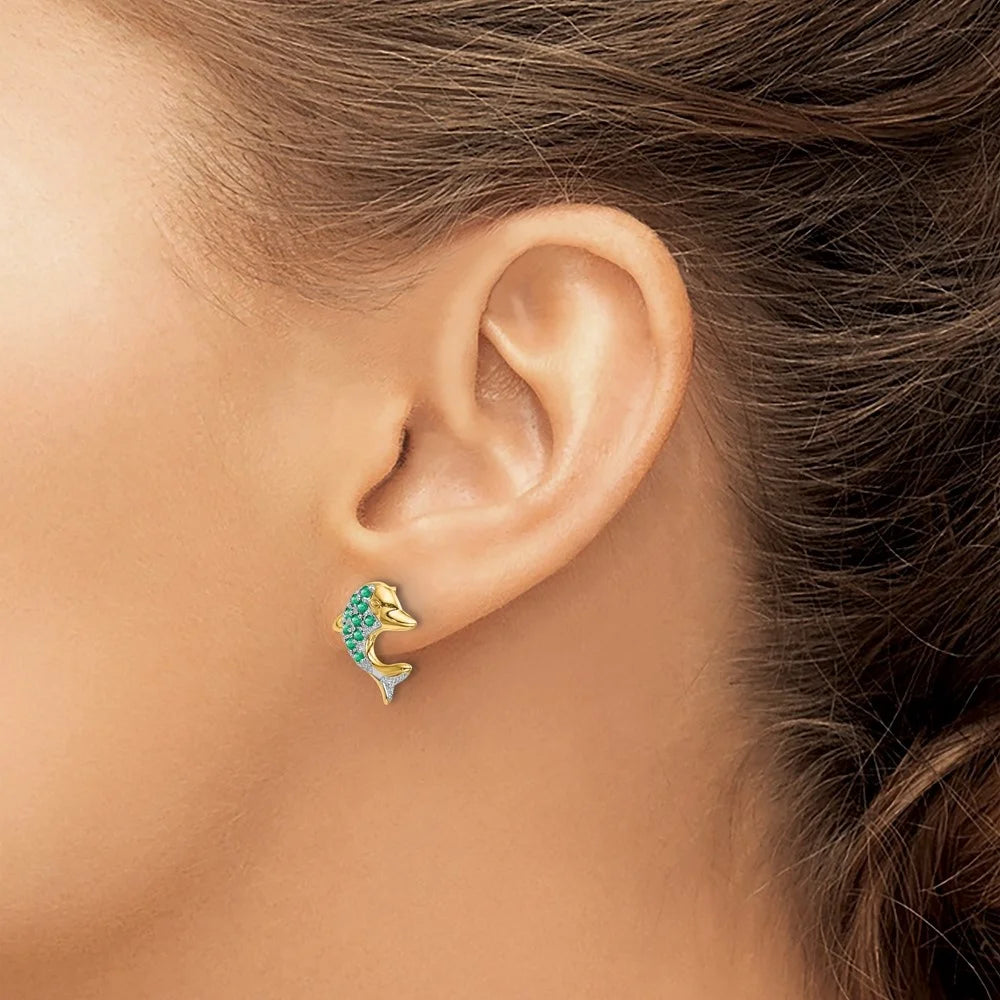 14k Yellow Gold Rhodium Marquise Emerald and Diamond Dolphin Stud Earrings A876