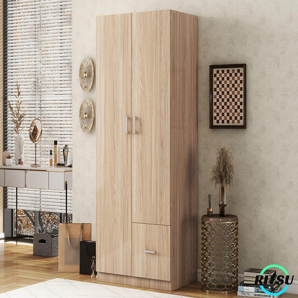 Natural Wooden Armoire Wardrobe with 2 Doors, 1 Drawer, 5 Open Shelves and Hanging Rod B339