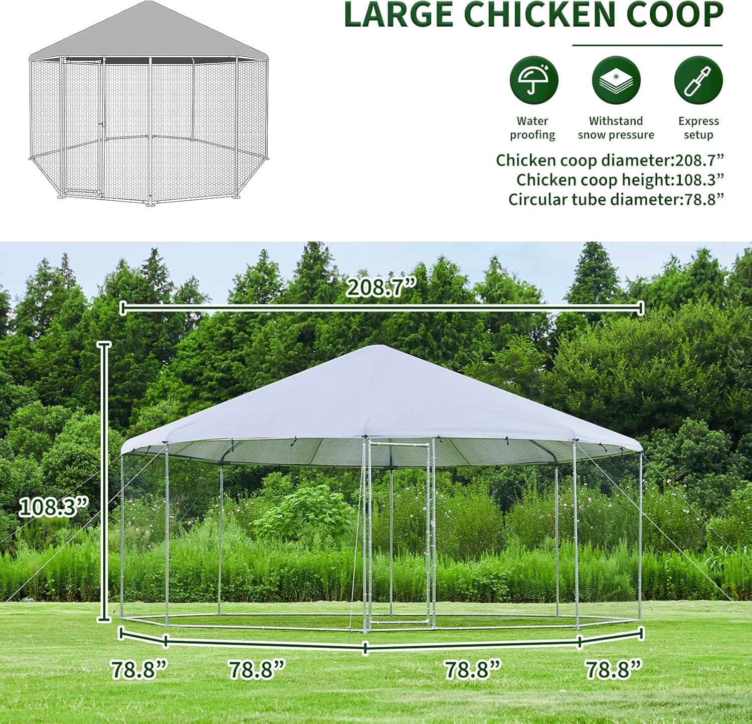 Large Octagon Chicken Coop with Galvanized Steel Frame C517983