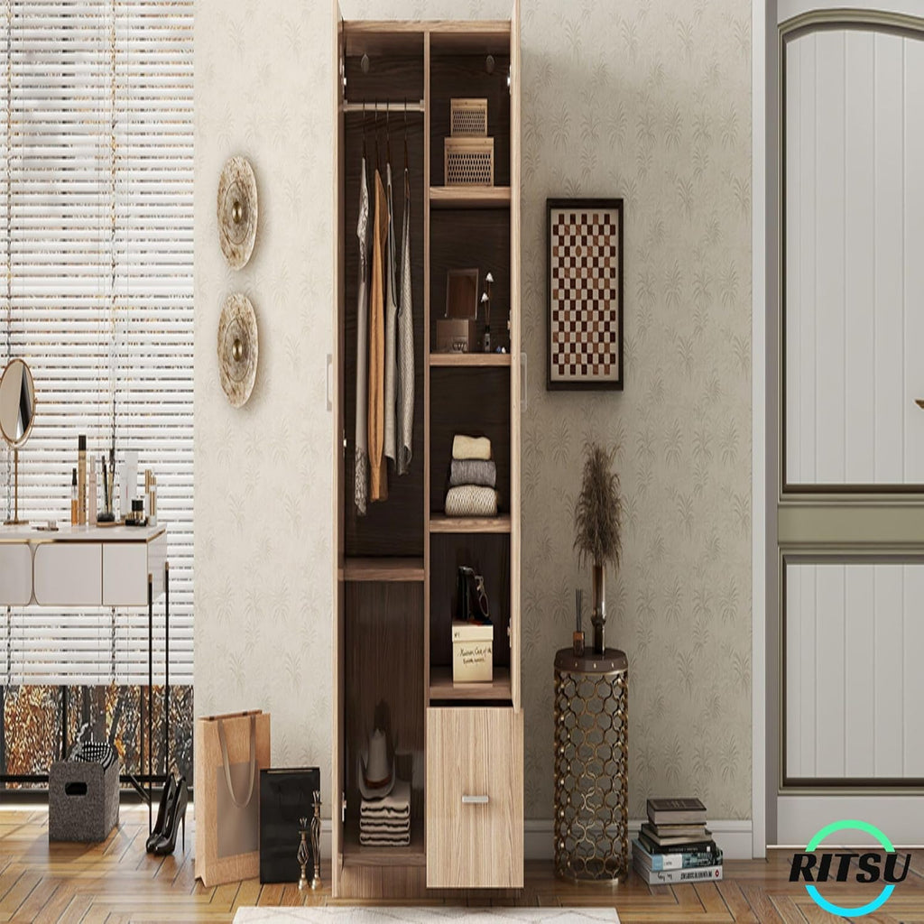 Natural Wooden Armoire Wardrobe with 2 Doors, 1 Drawer, 5 Open Shelves and Hanging Rod B339