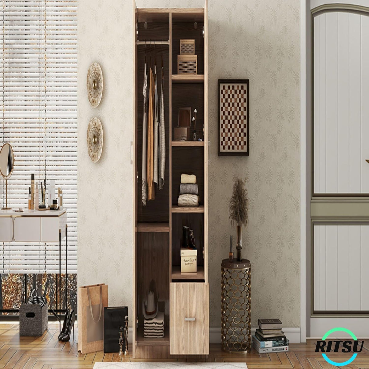 Natural Wooden Armoire Wardrobe with 2 Doors, 1 Drawer, 5 Open Shelves and Hanging Rod B339