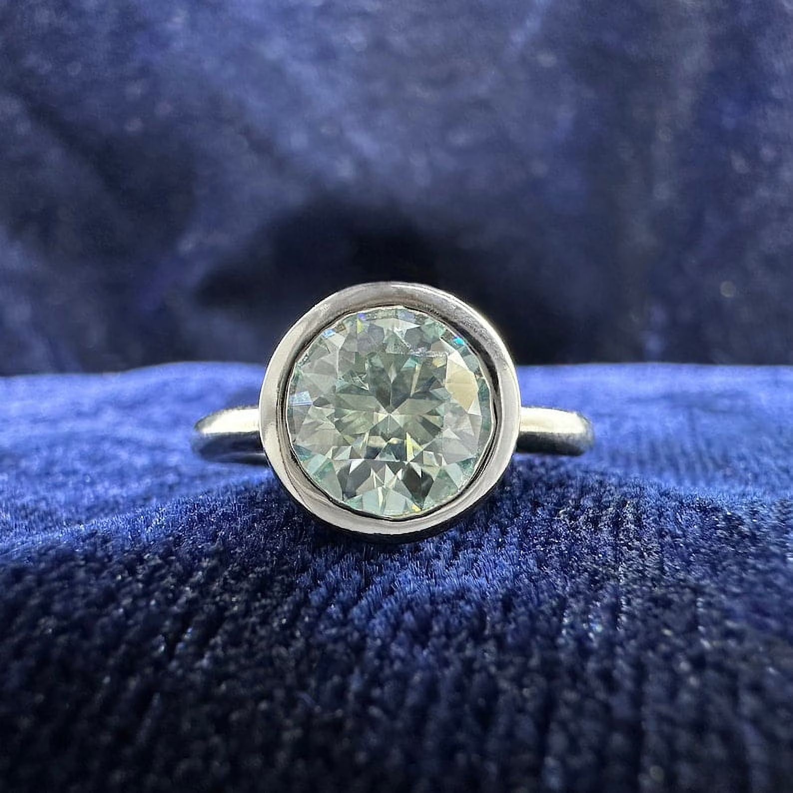 Solitaire Ring With Round Ice Blue Moissanite Diamond Bezel Set In Silver/Gold N1462