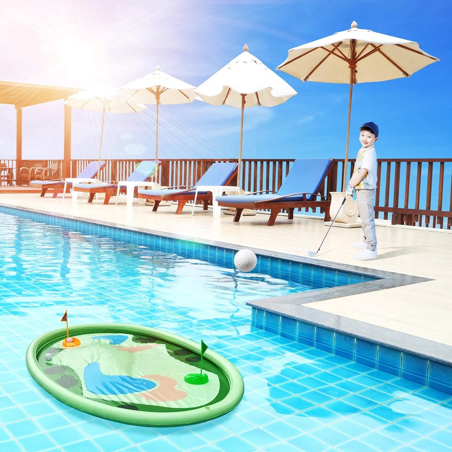 Inflatable Pool Golf Game with 10 Balls, 2 Holes, and 2 Flag Q873