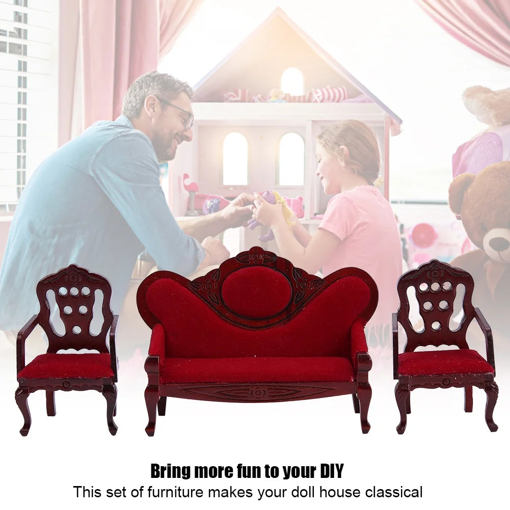 Red Wooden Dollhouse Sofa Chair Set W99184
