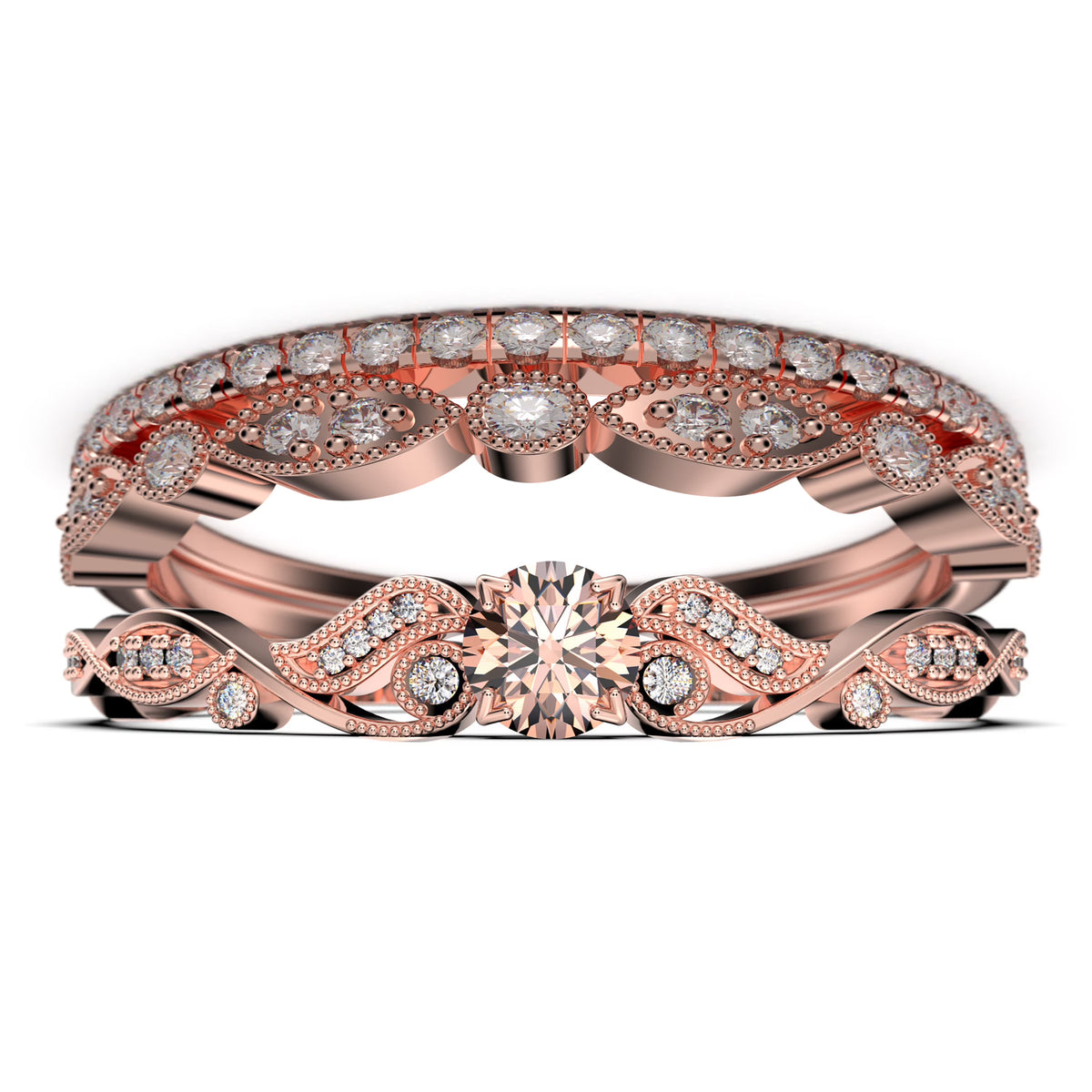 1.75 Carat Round Cut Morganite And Diamond Moissanite Engagement Ring in 10k Solid Rose Gold J511