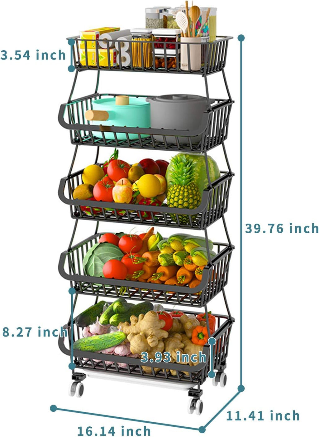 Black Iron Wire Stackable 5-Tier Kitchen Storage Baskets with Wheels and Feet Y803004