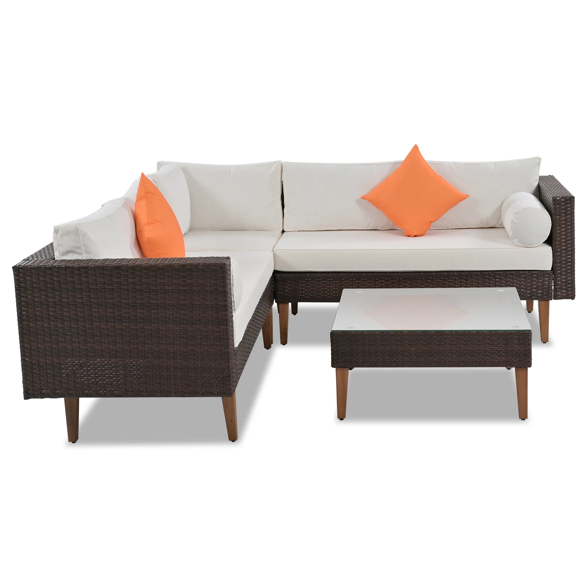 Beige Cushions Brown Rattan L-Shape Outdoor Wicker Sofa Set B361