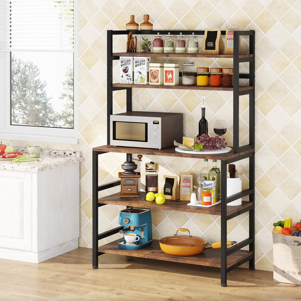 Rustic Brown 5-Tier Kitchen Bakers Rack with Storage and Hutch F6616
