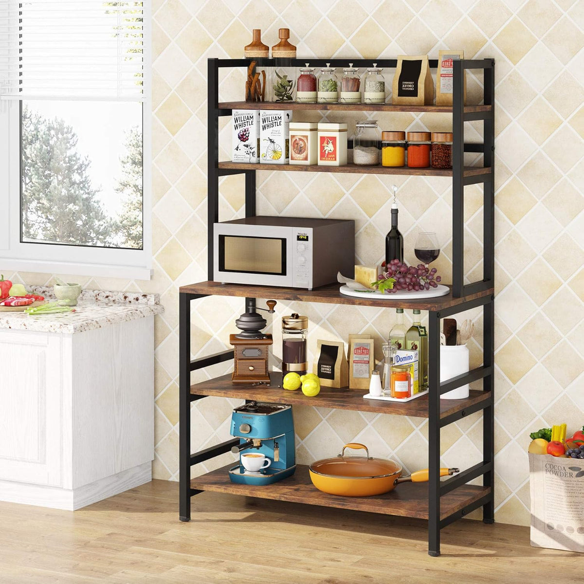 Rustic Brown 5-Tier Kitchen Bakers Rack with Storage and Hutch F6616