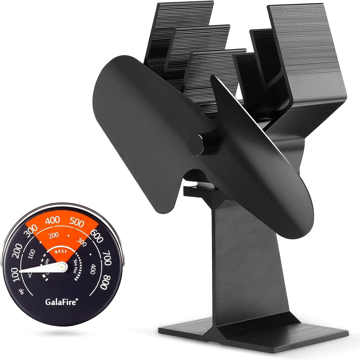 Black Pack of 2 Heat Powered Wood Stove Fan with Magnetic Thermometer L11229