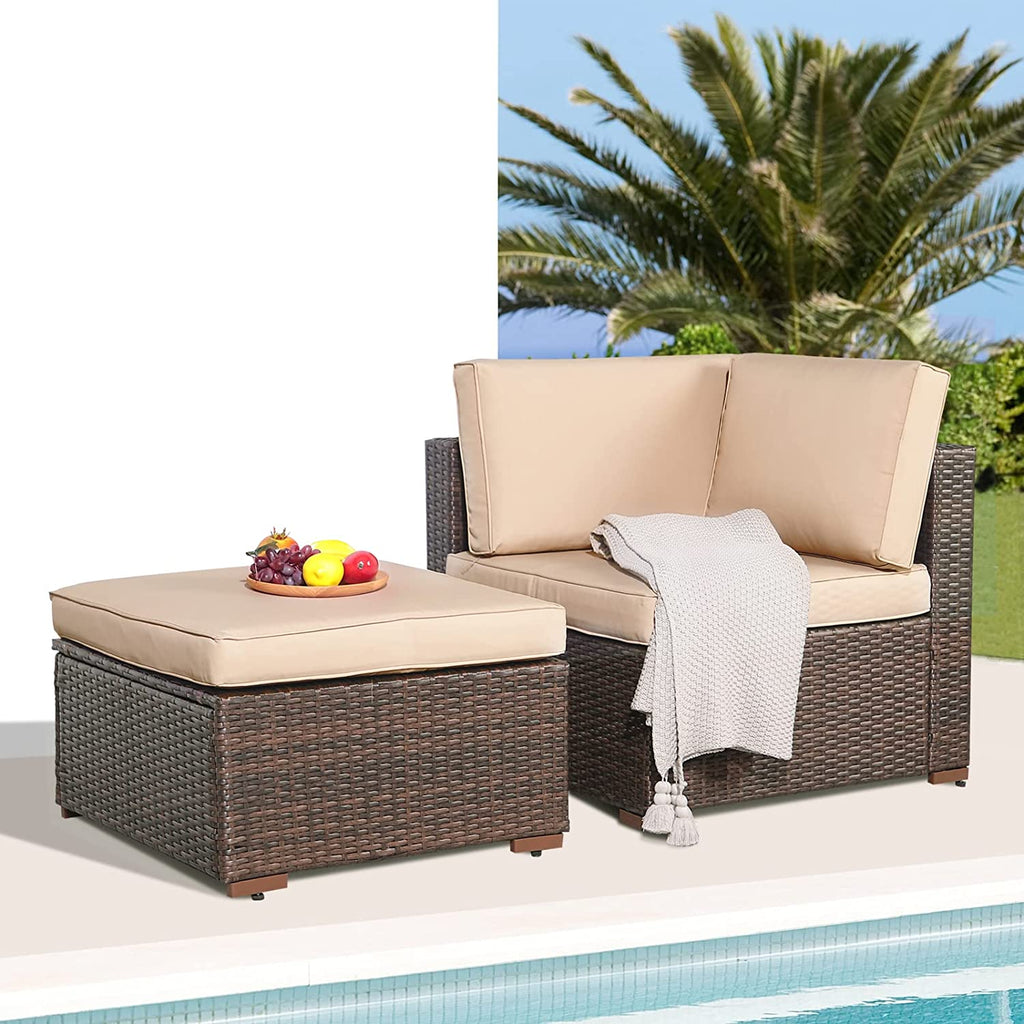 2-Piece Patio Furniture Sofa Set, Outdoor Sectional Sofa, Brown PE Wicker Rattan Conversation Set, Outdoor Loveseat, Beige Cushion A549978